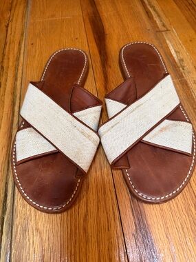 Women’s Brown Leather Slide Sandals with Cream Cross-Strap
